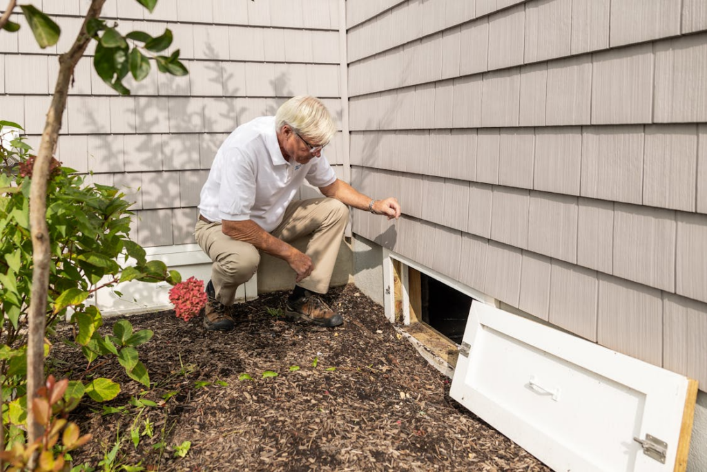 homeowner inspecting foundation to show how maintenance protects home value