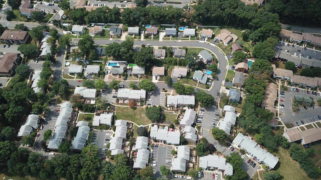 aerial view of residential neighborhood showing how neighborhood trends affect property values